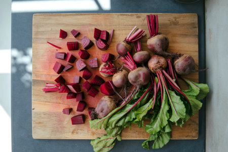 A wooden cutting board displays whole and diced beetroots with vibrant red color and lush green...