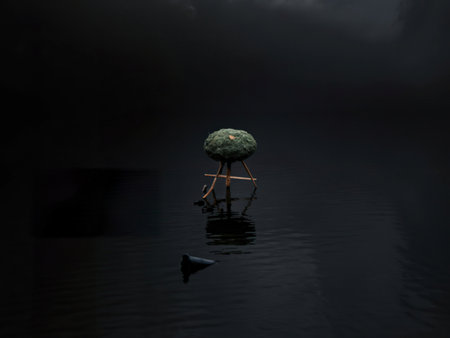 A small, mossy object rests on a simple wooden stand in the center of a dark, still body of water. The scene is moody and atmospheric, with minimal details.の写真素材