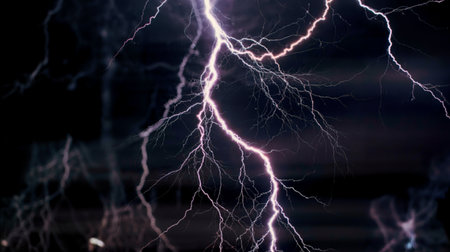 A powerful lightning bolt illuminates the night sky, its branches extending across the dark clouds....