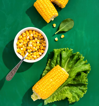 top view of cooked corn with lettuce and spoon full of corn seeds on green backgroundの写真素材