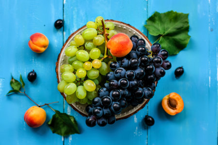top view of black and white grapes with apricots on wooden background with copy spaceの写真素材