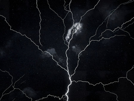 A dramatic image showcasing a night sky filled with numerous bright lightning bolts that branch...