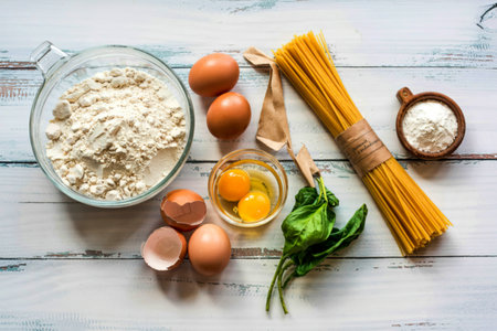 Ingredients for homemade pasta flour and eggs on wooden background