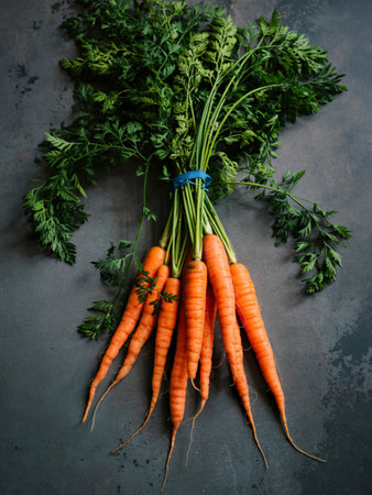 Fresh carrots bunch on dark concrete background. Raw fresh carrots with tails