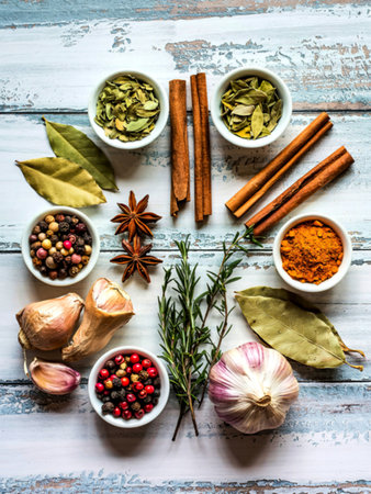 Assorted of dried spices white pepper,cumin ,bay leaf,cinnamon,star anise,thyme,ginger ,chili...