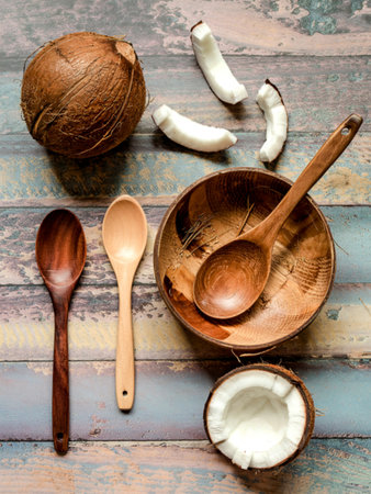 Coconut wooden spoon and bowl over wood texture conceptの写真素材