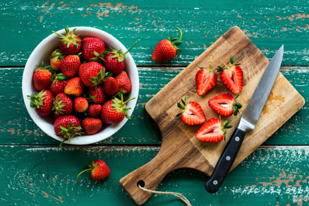 top view of fresh strawberries on a bowl with slices of strawberries on a wooden kitchen boardの写真素材