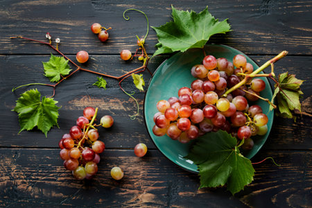 top view of fresh sweet grape in a plate and green grape leaves on dark wooden background