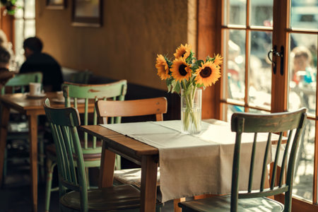 A rustic cafe setting features a table adorned with a simple linen tablecloth and a glass vase of bright sunflowers, bathed in sunlight streaming through a large window.の写真素材
