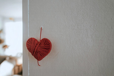 A handcrafted red yarn heart is delicately hung on a white door, creating a simple yet charming Valentine's Day or romantic decor element.の写真素材