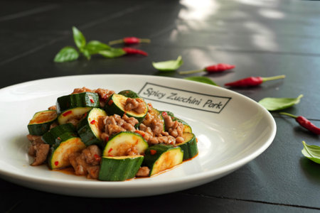 A delicious stir-fry featuring tender pork and zucchini slices, tossed in a spicy sauce. Garnished with fresh basil and red chili peppers.の写真素材