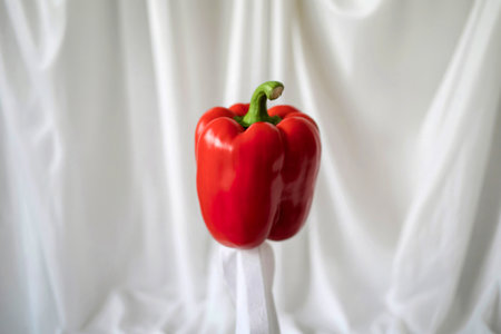 A vibrant red bell pepper stands upright on a piece of white fabric against a softly draped white background. The image is clean and minimalist.の写真素材