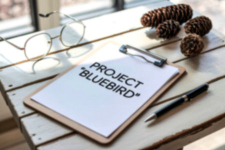 A clipboard with the words Project Bluebird sits on a white wooden desk, accompanied by glasses, a pen, and pine cones.の写真素材
