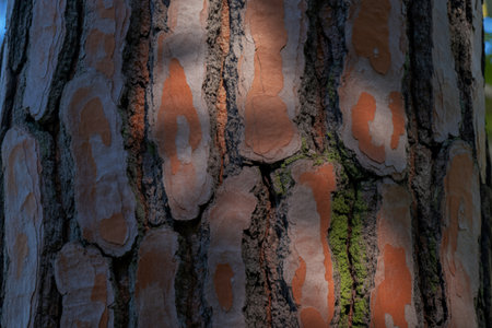 A detailed image showcasing the unique texture and color variations of Ponderosa pine bark. The sunlight highlights the peeling, layered surface.の写真素材