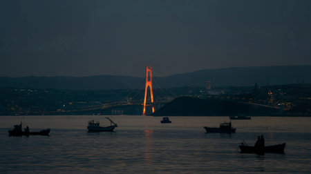 A serene nighttime scene featuring a brightly lit cable-stayed bridge across a calm body of water,...