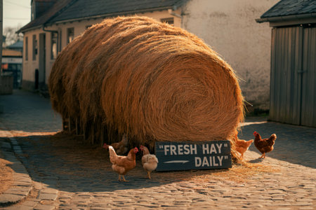 Three hens stand near a large round bale of hay in a quaint village setting. A sign reads Fresh Hay Daily.の写真素材