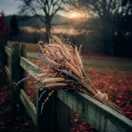 A rustic autumnal scene featuring a bouquet of dried lavender and wheat resting on a weathered wooden fence, with a blurred background of a sunlit landscape.の写真素材