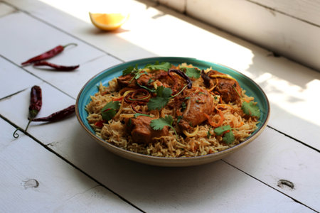 A flavorful plate of chicken biryani is presented, garnished with fresh cilantro, fried onions, and...