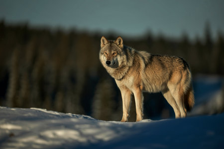A lone gray wolf stands on a snow-covered hill, its fur highlighted by the setting sun. The...