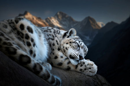 A snow leopard rests peacefully on a rocky outcrop, its spotted fur blending with the mountainous backdrop. The serene scene captures the beauty of this elusive creature in its natural habitat.の写真素材