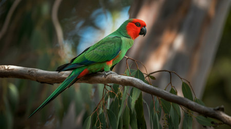 A vibrant red-capped parrot is perched on a eucalyptus branch, its green and red plumage contrasting beautifully against the foliage. The background is softly blurred, focusing attention on the bird.の写真素材