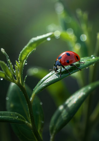 A vibrant red ladybug with black spots delicately rests on a lush green leaf glistening with morning...