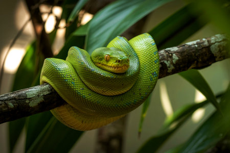A vibrant green tree python is tightly coiled around a tree branch, its scales shimmering in the sunlight. Its head is visible, showing its alert expression.の素材