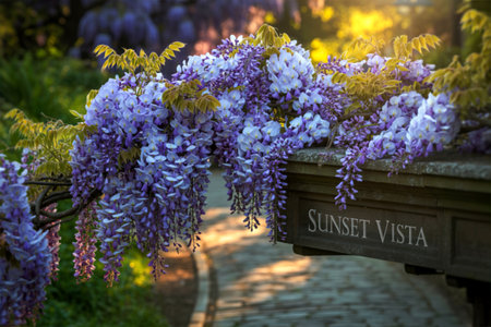 A vibrant display of wisteria blossoms cascades over a stone structure, bathed in the warm glow of the setting sun. The scene evokes tranquility and natural beauty.の素材