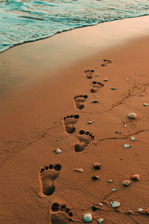 A series of footprints trail along a sandy beach, leading towards the ocean waves. Seashells are scattered along the path.の素材