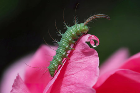 A vibrant green caterpillar with spiky hairs crawls on a delicate pink rose petal, a glistening...