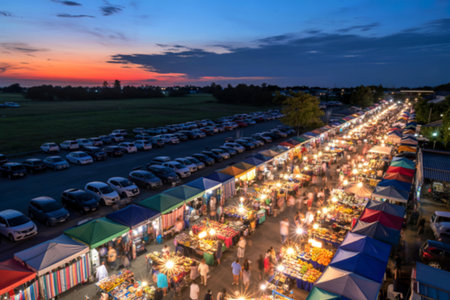 An aerial view captures a bustling night market at sunset, vibrant with colorful stalls, shoppers, and a large parking lot filled with cars.の写真素材