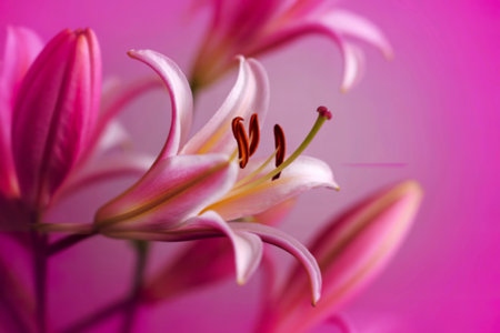 A detailed close-up shot captures the delicate beauty of pink lilies, their petals softly illuminated against a vibrant magenta backdrop. The image emphasizes the flower's texture and color.の写真素材