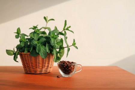 A vibrant mint plant in a wicker basket sits beside a small glass cup filled with roasted coffee beans on a warm-toned wooden surface.の写真素材