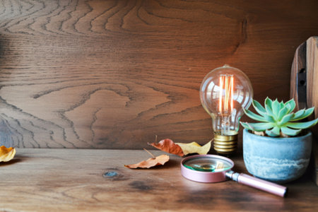A rustic wooden shelf displays an Edison bulb, a succulent in a gray pot, dried leaves, and a...