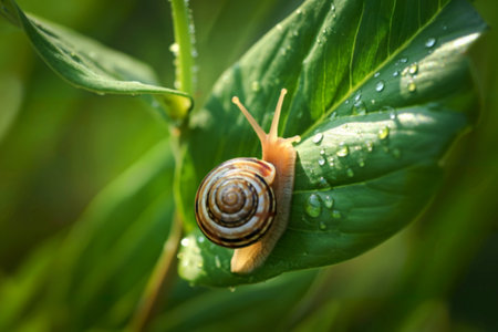 A small snail with a spiral shell crawls on a vibrant green leaf glistening with morning dew. The background is blurred, showcasing a natural, tranquil setting.の写真素材