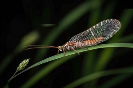 A detailed close-up reveals a brown and white lacewing insect delicately perched on a single blade...