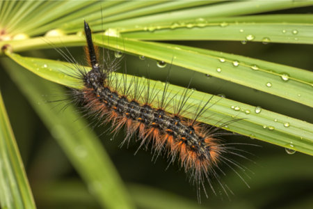 A close-up image reveals a vibrant orange and black hairy caterpillar perched on a dew-kissed green leaf. Its long, spiky hairs are clearly visible.の写真素材