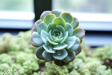 A detailed close-up shot reveals a single Echeveria succulent, its rosette of fleshy leaves adorned...