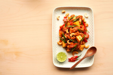 A delicious serving of sweet and sour chicken is presented on a rectangular plate, garnished with pineapple, cashews, red peppers, and green onions. A lime wedge and chili peppers are placed beside the dish.の写真素材
