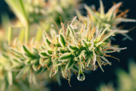 A detailed macro photograph captures a cannabis bud glistening with morning dew. The image showcases the plant's trichomes and intricate details.の写真素材