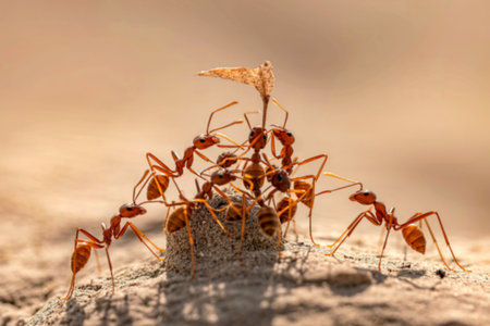 A group of reddish-brown ants work together, lifting a small leaf fragment above their nest mound in the sand. The image showcases their teamwork and strength.の素材