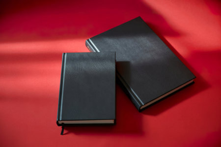 Two closed black hardcover books rest on a red surface. Sunlight casts shadows, highlighting the textured covers.の素材
