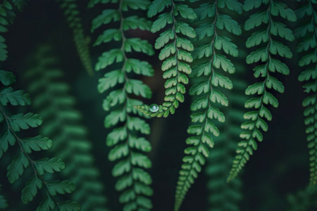 A single water droplet rests delicately on a vibrant green fern frond, surrounded by other lush ferns in a dark, moody setting.の素材