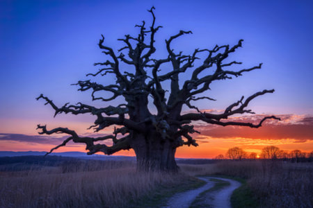 A majestic, ancient oak tree stands silhouetted against a vibrant sunset. Its gnarled branches reach towards the colorful sky, creating a dramatic scene.の素材