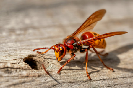 A detailed close-up photograph captures a European hornet perched on weathered wood, its vibrant colors and intricate details sharply in focus.の素材