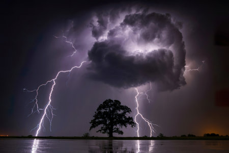 A powerful lightning storm illuminates the night sky, striking near a lone oak tree reflected in a...