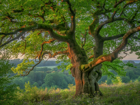 Ancient moss covered oak tree on hilltop