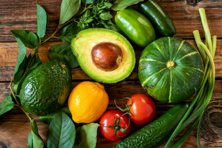 Avocado pumpkin green lemon and tomato on wood background copy space