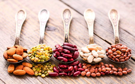 Assortment of beans and lentils in spoon on wooden background. almond, soybean, red kidney bean