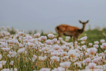 White poppies field with blurred deer background